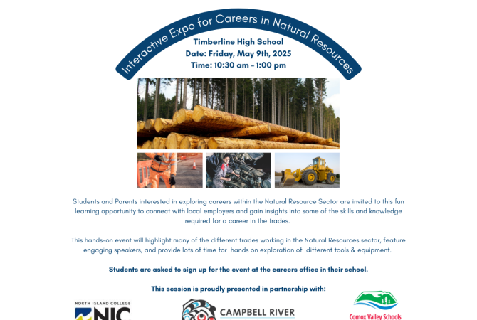 Event poster announcing an interactive trades focused expo for high school students and their parents on May 09 at Timberline High School in Campbell River. Students can register for this event through their local high schools.