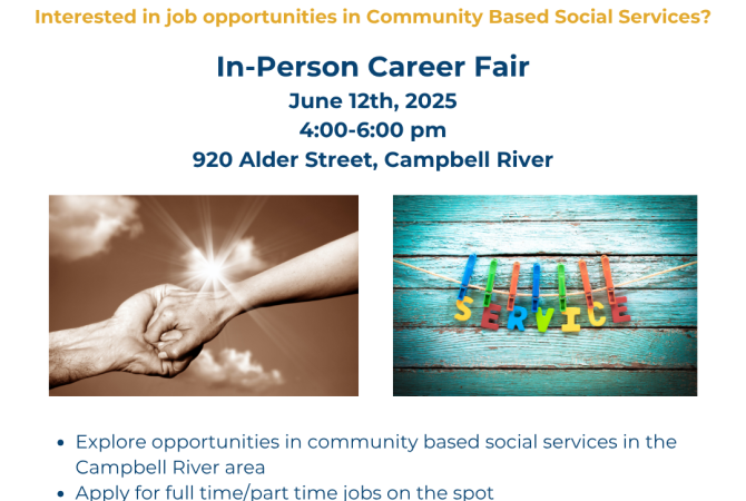 Drop in hiring event for community based social service jobs in Campbell River on Thursday June 12 from 4-6 pm at 920 alder street