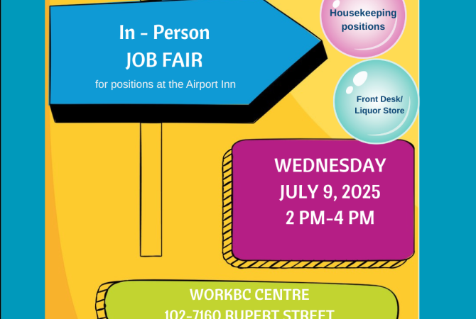 Port Hardy Hiring fair for the Airport Inn. Wednesday July 9, 2-4 pm at 102-7160 Rupert Street.