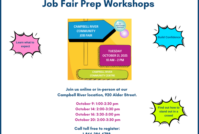 Prep Workshop in advance of the Campbell River Job Fair on October 21, call toll free 1-866-286-6788 for more info and to register