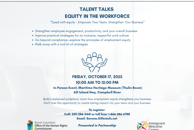Employer Event: Equity in the Workforce, October 18, Maritime Heritage Centre email serena.gill@niefs.net for details