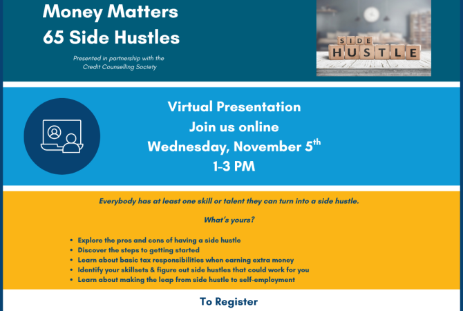 poster for virtual presentation called Money Matters: 65 Side Hustles coming on Nov 5th