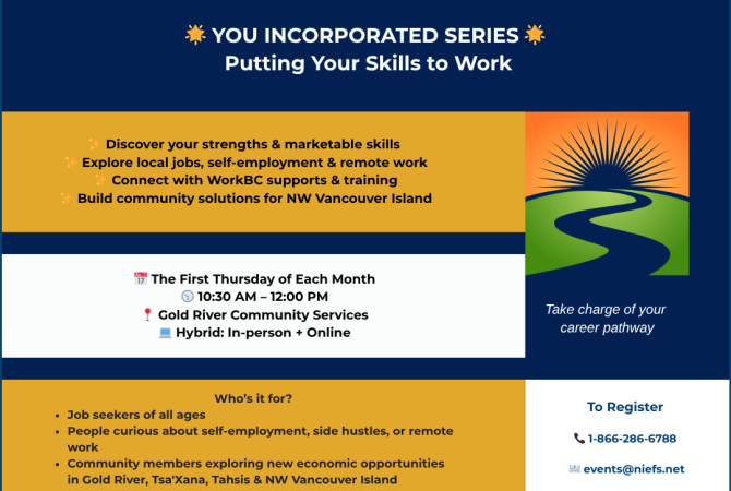You Incorporated Workshop series for Gold River, Tahsis and area - first Thursday of each month - call 1-866-286-6788 for info