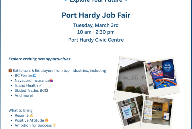 Port Hardy Job Fair, March 3, 10 am to 2 pm at the Port Hardy Civic Centre