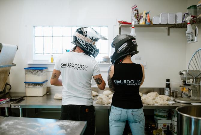two people in a kitchen wearing motorcycle helmets - The Sour Dough Whisperer