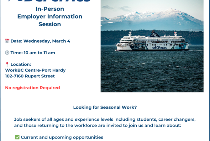 In Person Info Session with BC Ferries, Wednesday, March 4th at WorkBC Centre-Port Hardy