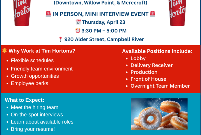 Mini Interviews with Tim Hortons @ 920 alder street, April 23, 330-5 pm