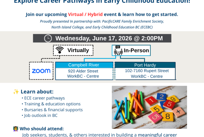 Exploring career pathways in ECE info session. June 17, 2-330 pm. call 1-866-286-6788 to register, attend in person or online