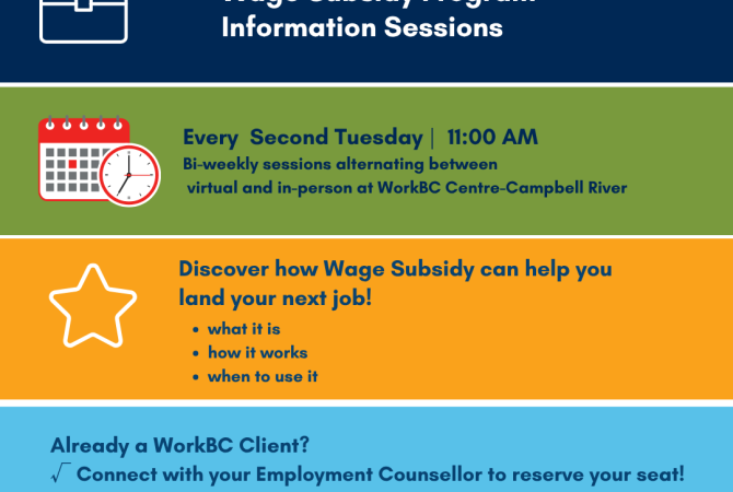 Wage Subsidy Info Sessions Biweekly on Tuesdays, call toll free 1-866-286-6788 for more info