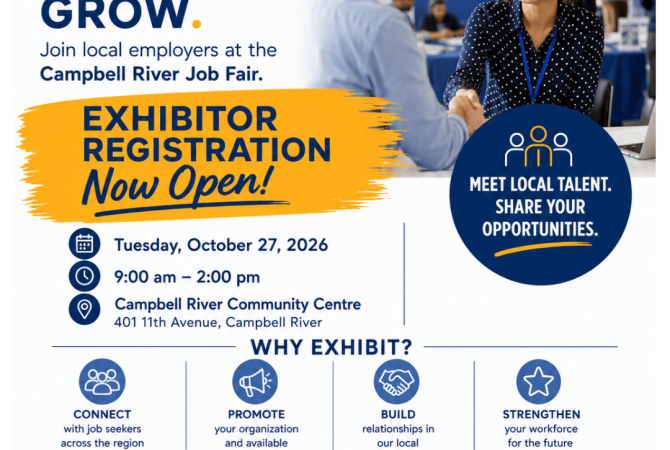 Call for exhibitors, Campbell River Job Fair on October 27, 2026 at the community Centre.