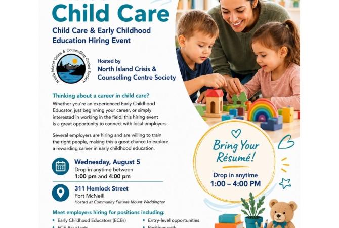 Childcare and ECE Hiring event in Port McNeill on Wednesday, Aug 5 -1-4 pm - Community Futures office
